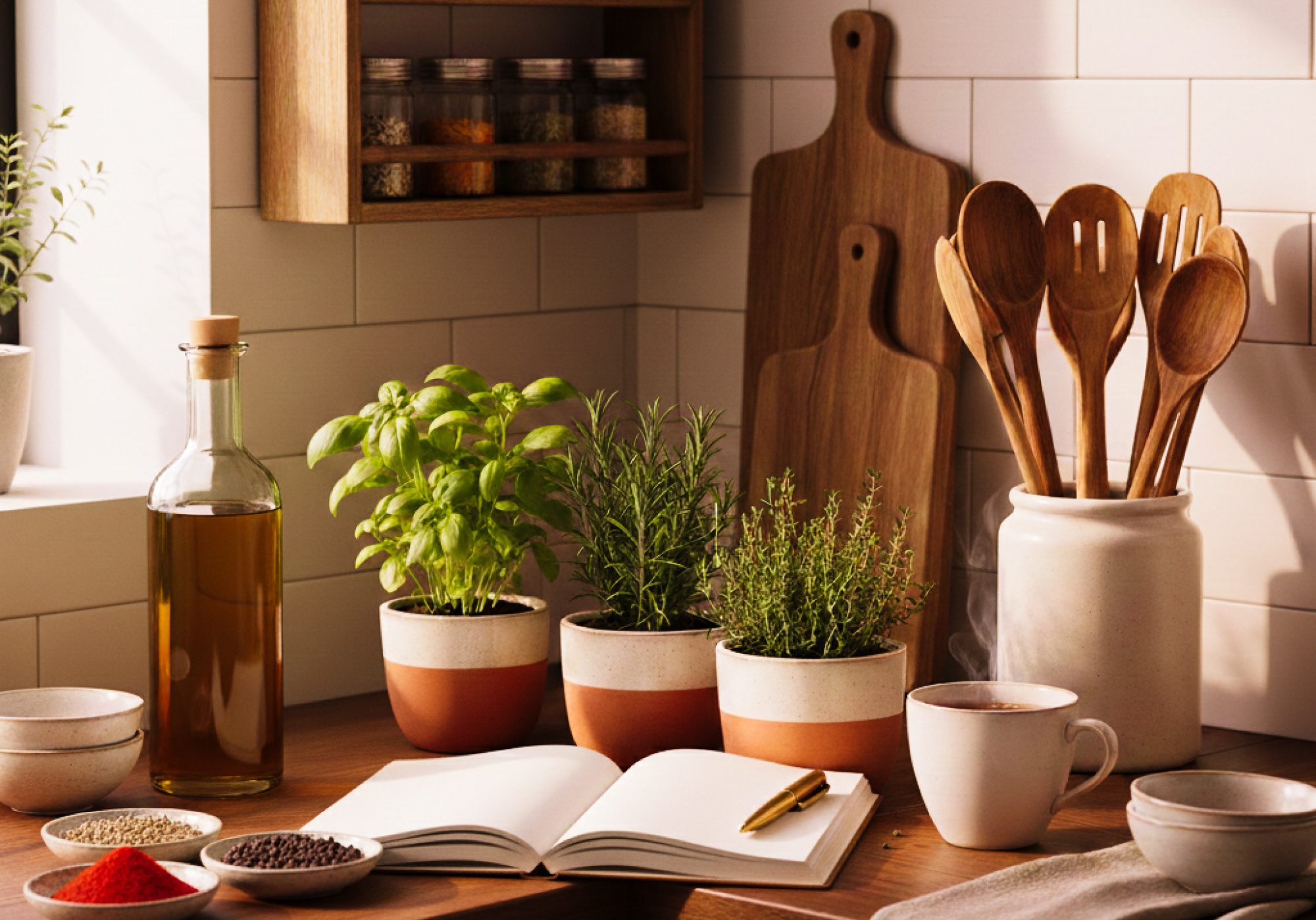 Photo of kitchen counter with notebook, spices in bowls, herbs in pots, spice wreck on the wall, wooden cutting boards, wooden utensils in ceramic pot, cup of coffee and a glass bottle of olive oil. by the window, natural light, mood photo